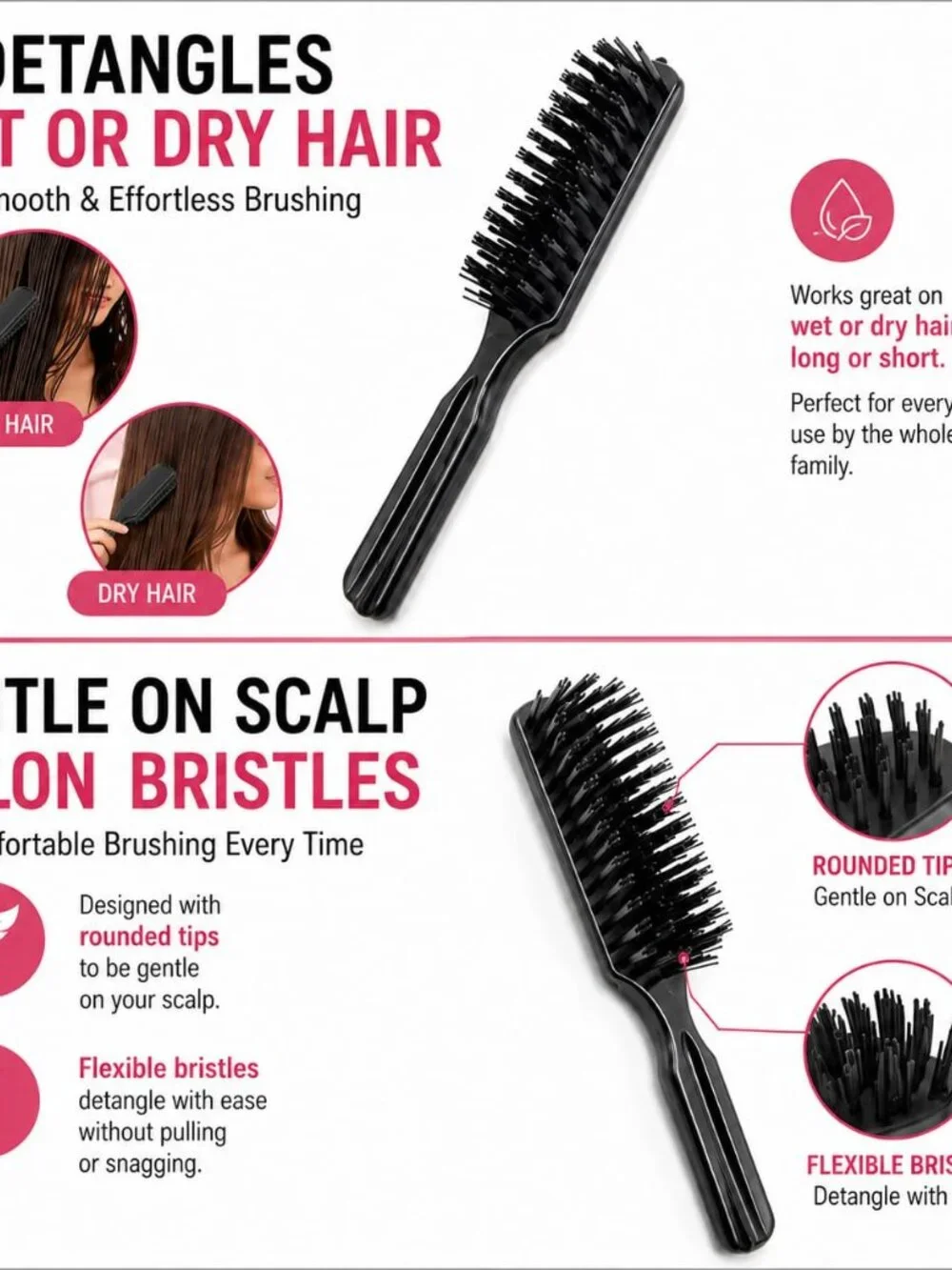 3 Pack Pocket Bristle Hair Brush with Nylon Bristles, 6 Inch Travel Hair Brush f